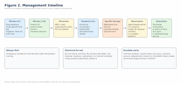 Management timeline for pediatric personal care product exposure from first aid to observation, ED referral, and follow-up.