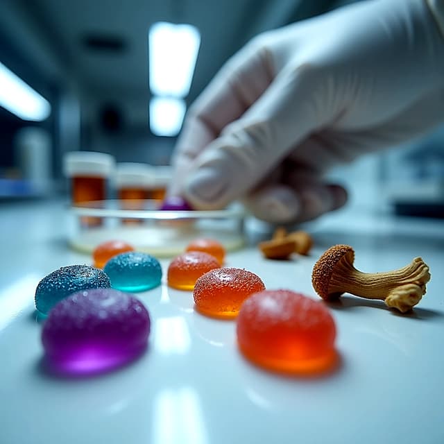 Psilocybin gummies on a lab bench beside dried mushroom and gloved hand, highlighting contamination risks from dangerous synthetic compounds in edible products.