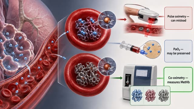 Medical illustration comparing pulse oximetry, arterial PaO₂, and co-oximetry in methemoglobinemia, showing why oxygen measurements may disagree.