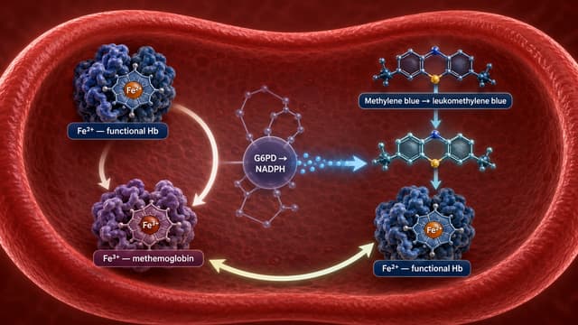 Red-cell illustration showing Fe²⁺ hemoglobin oxidation to Fe³⁺ methemoglobin and NADPH-dependent methylene-blue reduction toward functional hemoglobin.