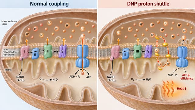 Mitochondrial illustration showing DNP shuttling protons across the inner membrane, reducing ATP efficiency while respiration continues and heat production rises.