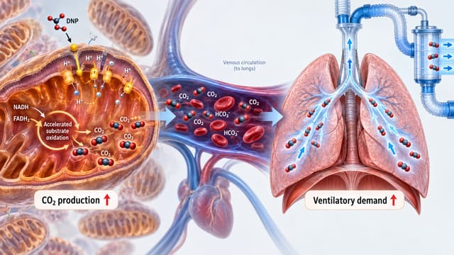 Physiology illustration showing DNP mitochondrial uncoupling producing excess CO₂ that travels to the lungs and increases mechanical ventilatory demand.