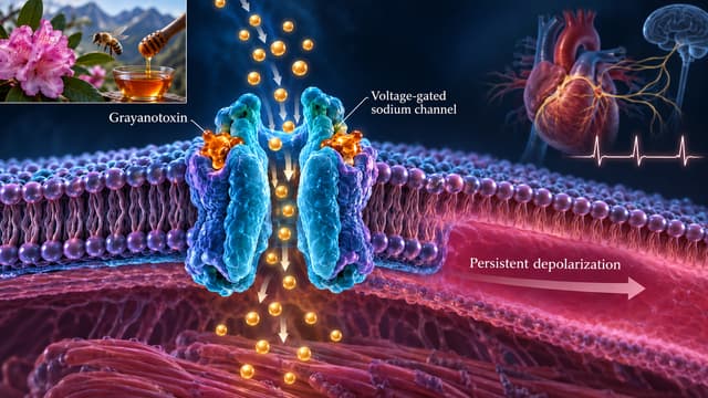 Mad honey grayanotoxin keeping voltage-gated sodium channels activated in a cardiomyocyte, prolonging depolarization and contributing to bradycardia.
