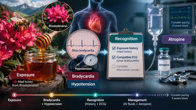 Mad honey poisoning decision graphic showing exposure history, bradycardia, hypotension, ECG recognition, IV fluids, and atropine treatment.
