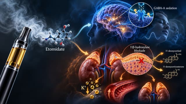 Etomidate vaping illustration showing acute CNS sedation and repeated 11β-hydroxylase inhibition associated with hypokalemia and adrenal toxicity.