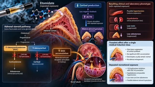 Etomidate blocks adrenal 11β-hydroxylase, increasing DOC and steroid precursors that can cause hypokalemia, low renin and aldosterone, and hypertension.