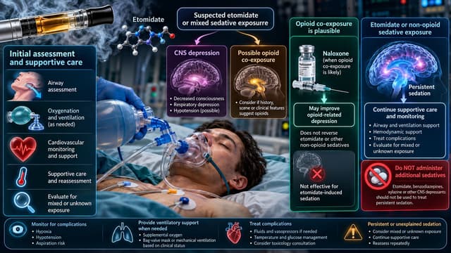 Emergency care pathway for suspected etomidate exposure showing airway and ventilation support, monitoring, and naloxone only for possible opioid co-exposure.