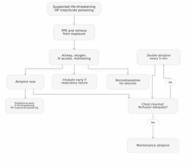 Organophosphate poisoning atropine escalation, airway, pralidoxime, and seizure management flowchart