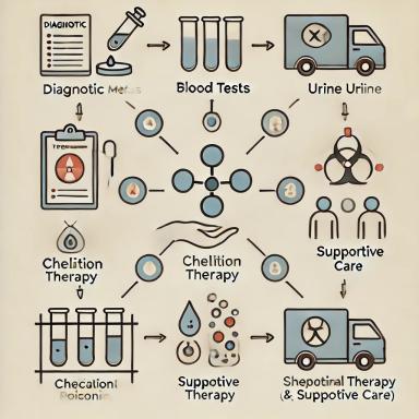 A simplified illustration showing the diagnostic and treatment process for toxic metal poisoning. The image features basic icons for key diagnostic methods, such as blood tests and urine tests, on one side, and simple visuals representing treatment options like chelation therapy and supportive care on the other. The design is clean and minimalistic with clear labels