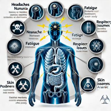 An illustration of a human figure showing the effects of toxic metal exposure on the body, with icons and labels indicating symptoms such as headaches, fatigue, respiratory issues, and skin problems. The image connects each symptom to the relevant part of the body, visually highlighting the impact of toxic metals like mercury, arsenic, and lead.  DRAW IT