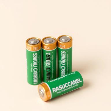 A group of four green and gold cylindrical batteries standing upright with one battery lying down in front of them. The text on the batteries appears to be scrambled or reversed, making the labels difficult to read clearly.