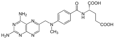 Chemical structure of methotrexate, a widely used chemotherapy drug and immune system suppressant. Methotrexate features a pteridine ring with amino groups, a benzene ring, and a glutamic acid derivative with carboxyl groups. It is commonly used for treating cancers, rheumatoid arthritis, and other autoimmune diseases