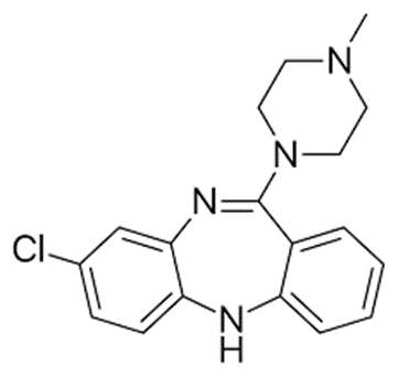 Chemical structure of Clozapine, a dibenzodiazepine derivative and atypical antipsychotic, highlighting its unique molecular composition essential for its therapeutic effects in treating refractory schizophrenia, showing interaction with serotonin and dopamine receptors