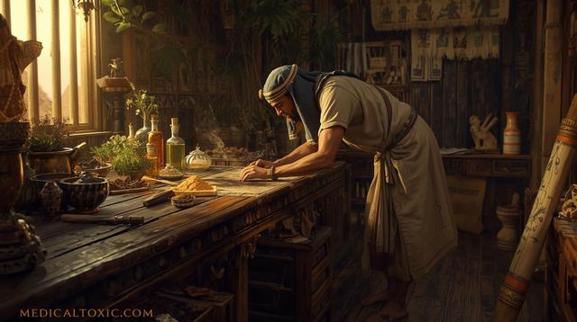 Ancient apothecary preparing poisons and herbal medicine in the ancient world