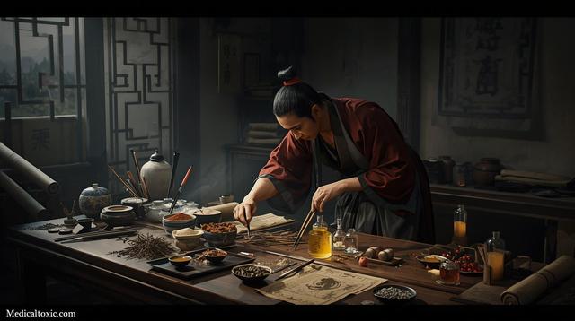 Ancient Chinese apothecary preparing herbal medicine and early toxic compounds
