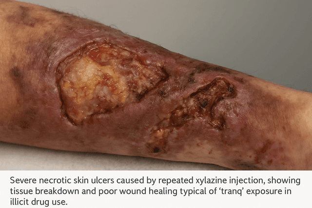 Severe necrotic skin ulcers caused by repeated xylazine injection, showing tissue breakdown and poor wound healing typical of 'tranq' exposure in illicit drug use