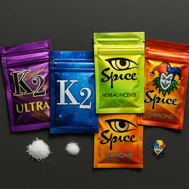 Colorful foil packets of synthetic cannabinoids branded as K2 and Spice, marketed as 'herbal incense' but containing potent, unregulated synthetic marijuana products that target youth with flashy packaging