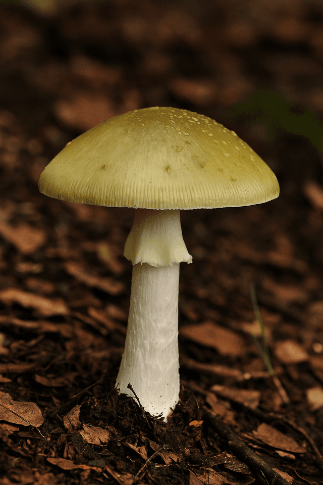Death cap mushroom (Amanita phalloides) with greenish cap and white gills growing on forest floor, a highly toxic species responsible for most fatal mushroom poisonings and often misidentified as an edible mushroom