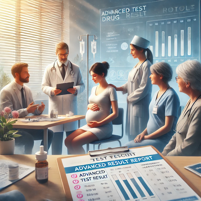 Healthcare professionals reviewing advanced drug testing protocols with a relieved pregnant woman in a hospital, emphasizing progress and trust
