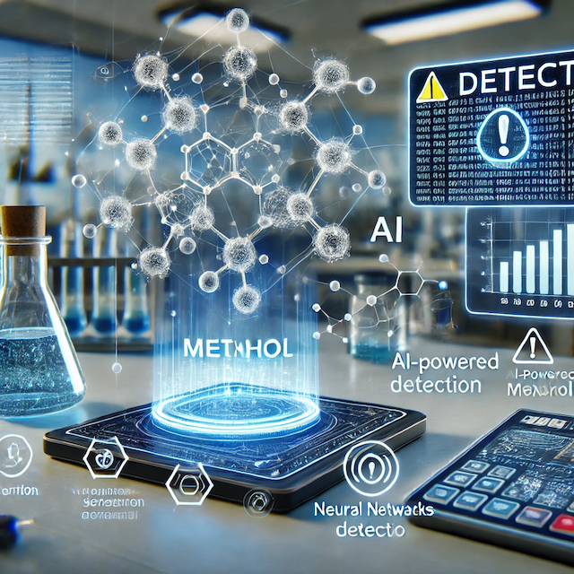 A visual representation of AI-powered methanol detection, featuring AI neural networks analyzing chemical data with methanol molecule structures. Sensors are connected to a digital device showing a warning alert, set in a laboratory environment with real-time detection displayed on a screen