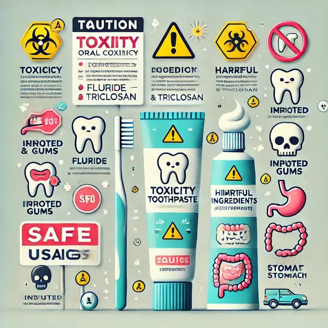Illustration highlighting the toxicity risks of oral care products, featuring a toothbrush, toothpaste with warning symbols, harmful ingredients like fluoride and triclosan, and visual effects such as gum irritation. Promotes awareness and safe use of oral care products