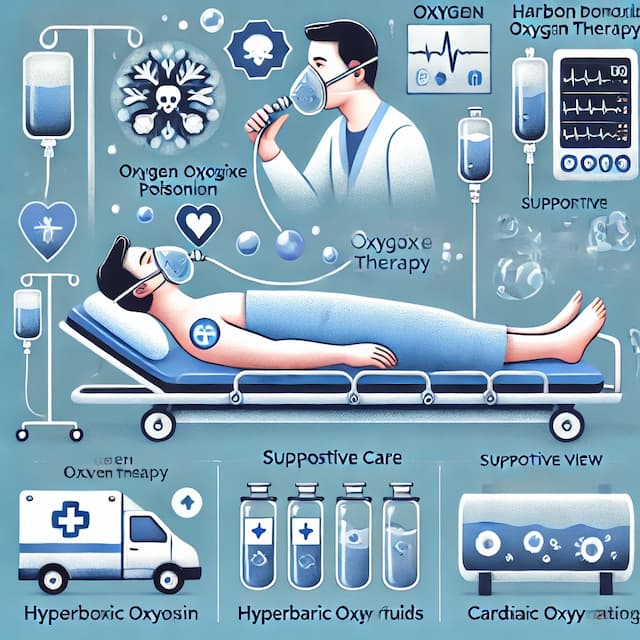 Infographic on treatment protocols for carbon monoxide (CO) poisoning, showing a patient receiving 100% oxygen through a mask and a cutaway of a hyperbaric oxygen chamber. Additional icons represent supportive care like IV fluids and cardiac monitoring. The design uses blue and white for a clear, clinical appearance.