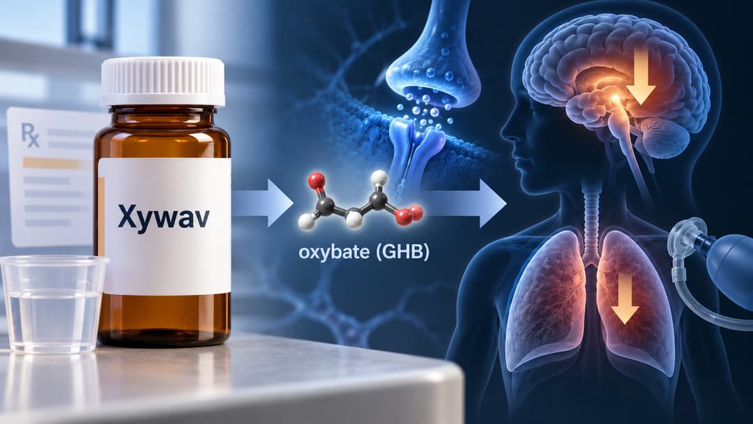 Xywav prescription bottle linked to oxybate GHB, brain depression, and impaired breathing in a medical toxicology case study illustration.