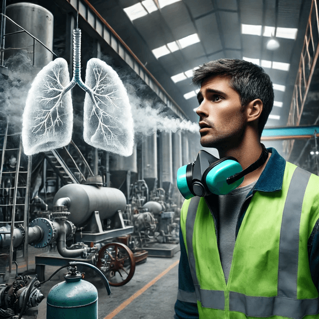 27-year-old male exposed to phosgene gas at an industrial workplace, wearing safety gear and facing risk of delayed lung injury. Visual representation of workplace hazards and respiratory risks in hazardous environments.