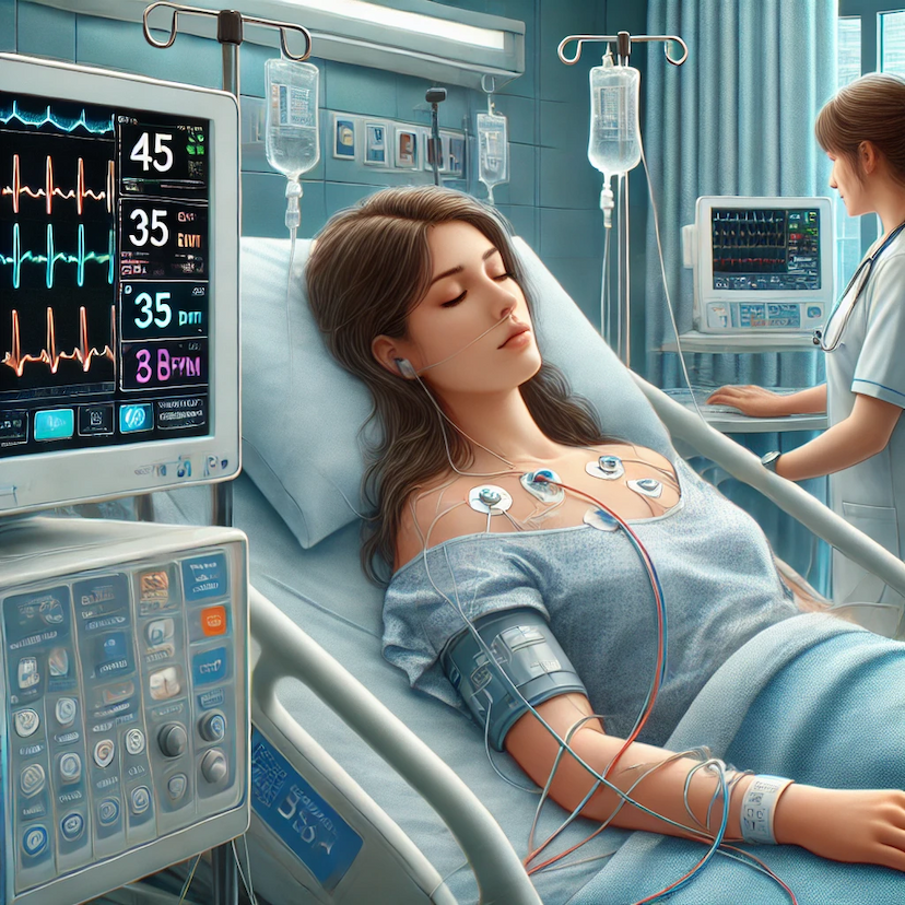 Detailed hospital scene illustrating a 45-year-old female with CNS depression and bradycardia, lying in a hospital bed with IV lines and monitoring devices, attended by healthcare staff due to low heart rate following naproxen and muscle relaxant use