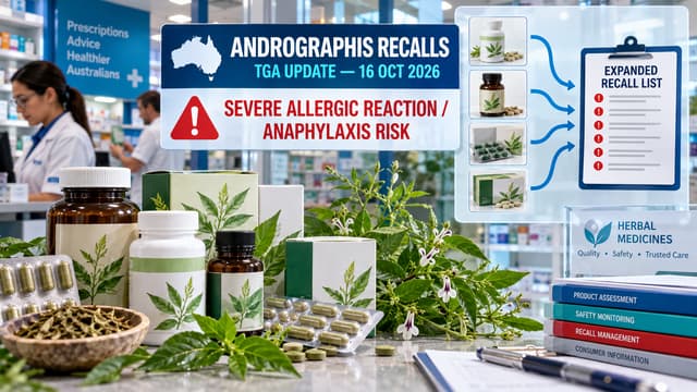 Australian pharmacy graphic shows multiple Andrographis medicines under expanded TGA recall action because of severe and unpredictable anaphylaxis risk.