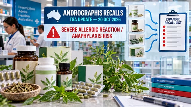Australian pharmacy graphic shows multiple Andrographis medicines under expanded TGA recall action because of severe and unpredictable anaphylaxis risk.