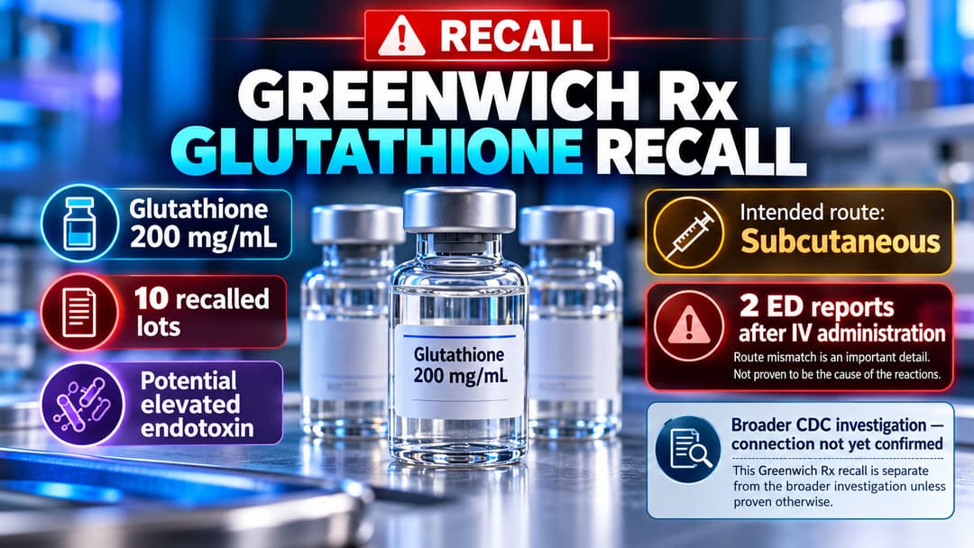 Greenwich Rx glutathione 200 mg/mL recall highlights 10 affected lots, potential elevated endotoxin, and two ED reports after IV administration.