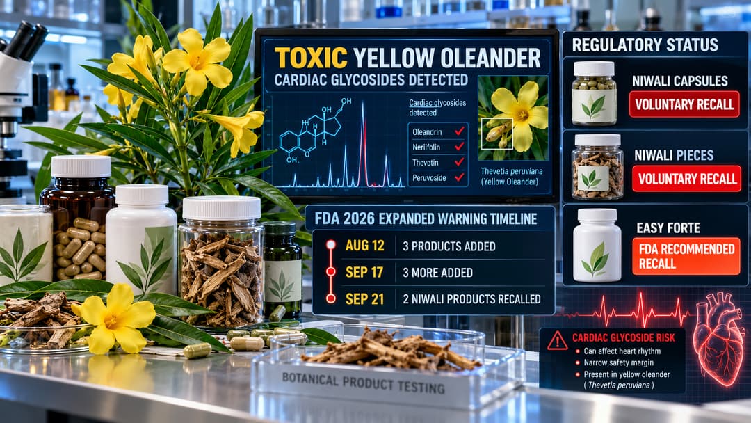 FDA yellow oleander alert graphic showing three September product additions, with Niwali capsules and pieces recalled and Easy Forte under recall recommendation.