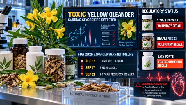 FDA yellow oleander alert graphic showing three September product additions, with Niwali capsules and pieces recalled and Easy Forte under recall recommendation.
