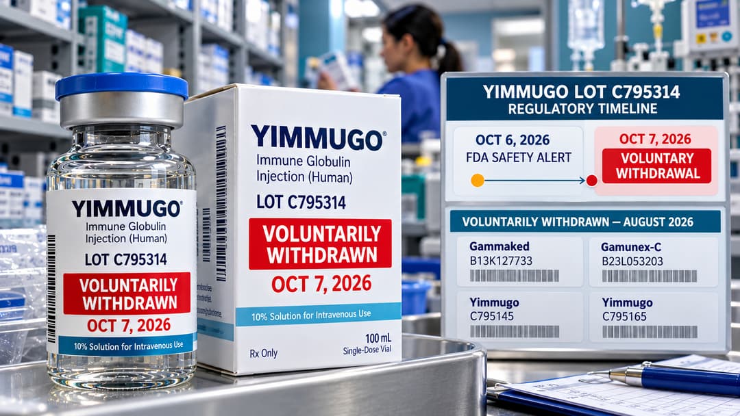 Hospital pharmacy graphic shows Yimmugo lot C795314 voluntarily withdrawn October 7 after an FDA safety alert, alongside four August withdrawn lots.