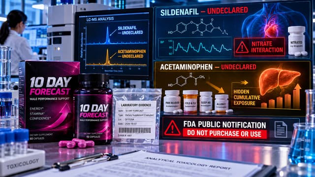 FDA lab testing graphic shows 10 Day Forecast with undeclared sildenafil and acetaminophen, highlighting nitrate-interaction and cumulative exposure risks.