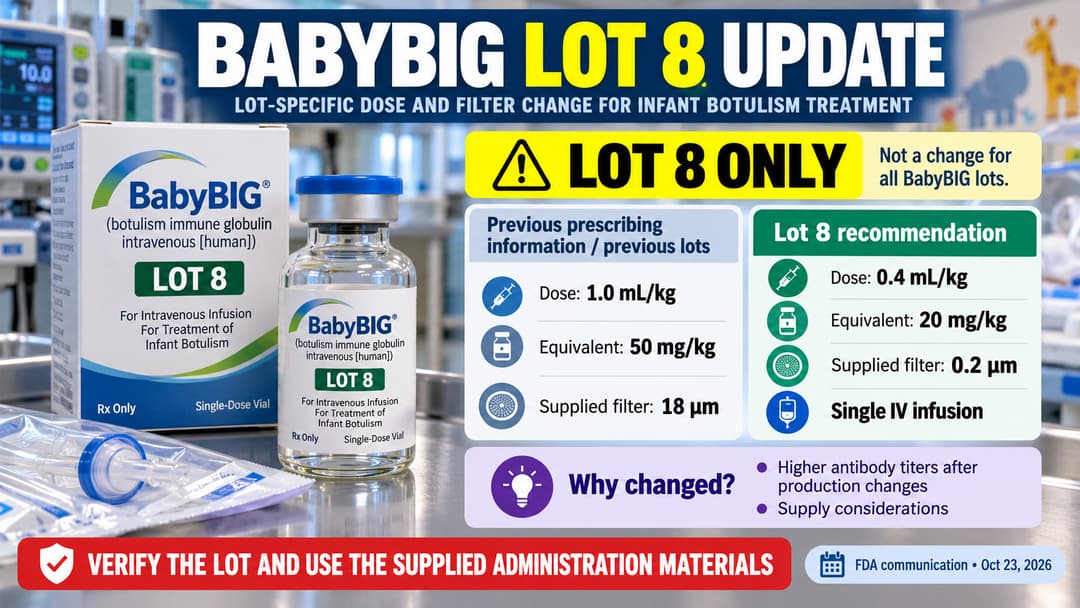 Clinical pharmacy graphic showing BabyBIG Lot 8 with its FDA-recommended 20 mg/kg dose and new 0.2-micron infusion filter for infant botulism.