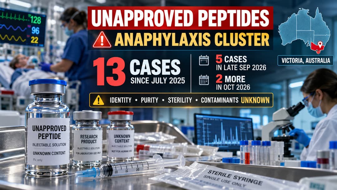 Clinical safety graphic showing 13 Victorian anaphylaxis cases associated with unapproved peptide products whose identity, purity and sterility may be uncertain.