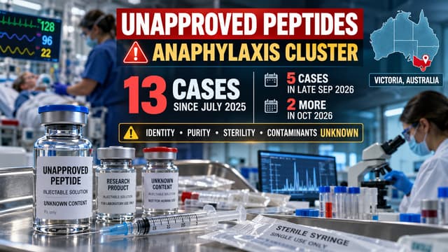 Clinical safety graphic showing 13 Victorian anaphylaxis cases associated with unapproved peptide products whose identity, purity and sterility may be uncertain.