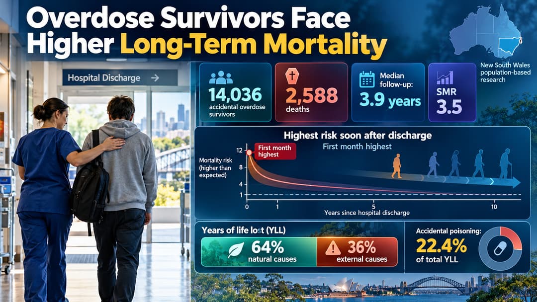 Research graphic showing 14,036 NSW accidental overdose survivors, 2,588 deaths, 3.5-fold excess mortality and highest relative risk soon after discharge.