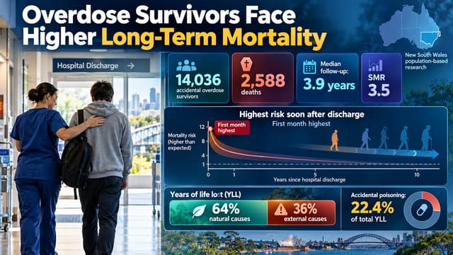 Research graphic showing 14,036 NSW accidental overdose survivors, 2,588 deaths, 3.5-fold excess mortality and highest relative risk soon after discharge.