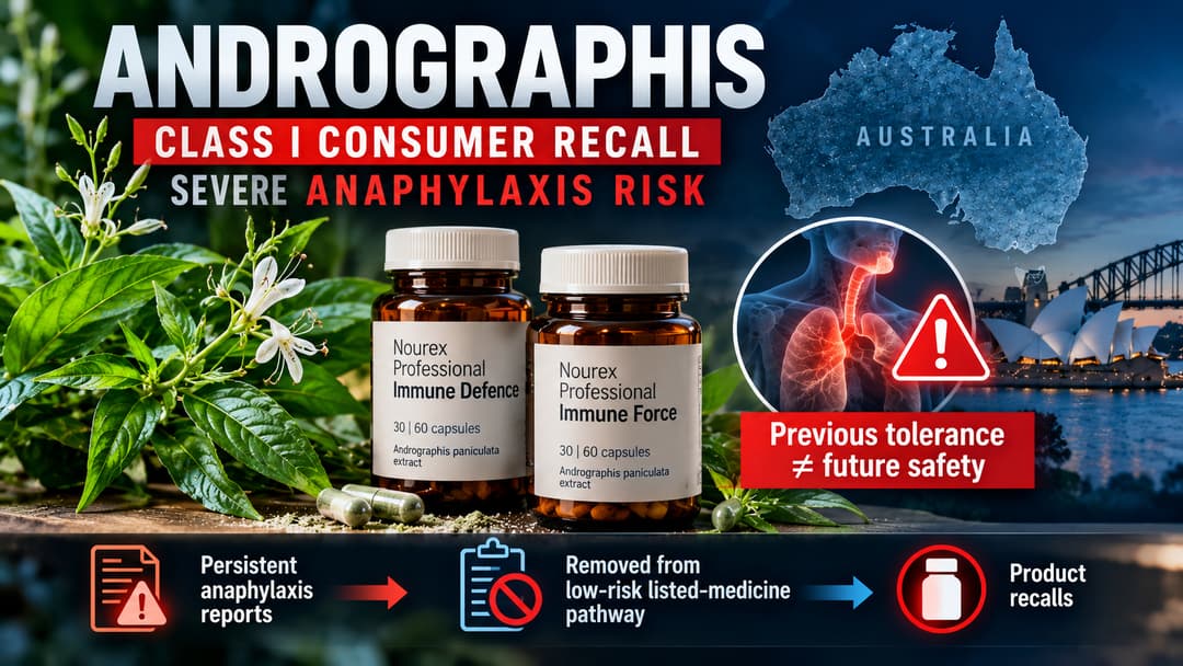 Andrographis plant and recalled Nourex medicines illustrate Australia’s Class I consumer recall and escalating TGA action over severe anaphylaxis risk.