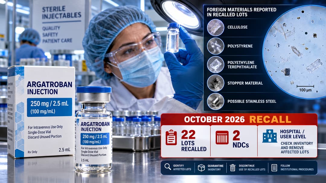 Hospital pharmacy graphic shows 22 Argatroban Injection lots recalled after cellulose, plastics, stopper material and possible stainless steel particles were detected.