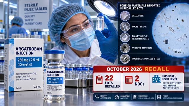 Hospital pharmacy graphic shows 22 Argatroban Injection lots recalled after cellulose, plastics, stopper material and possible stainless steel particles were detected.