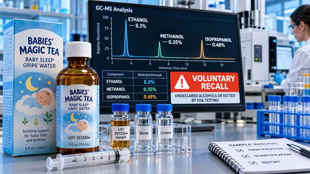 Lab-tested Babies' Magic Tea lot 25122bw shown with undeclared ethanol, methanol and isopropanol levels and a voluntary recall notice for caregivers.