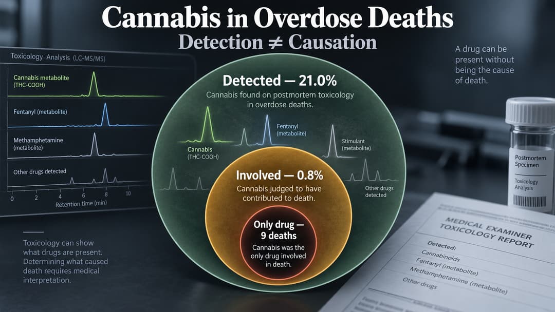 Forensic toxicology graphic showing cannabis detected in 21.0% of overdose deaths, versus 0.8% involved in death and only 9 cannabis-only deaths.