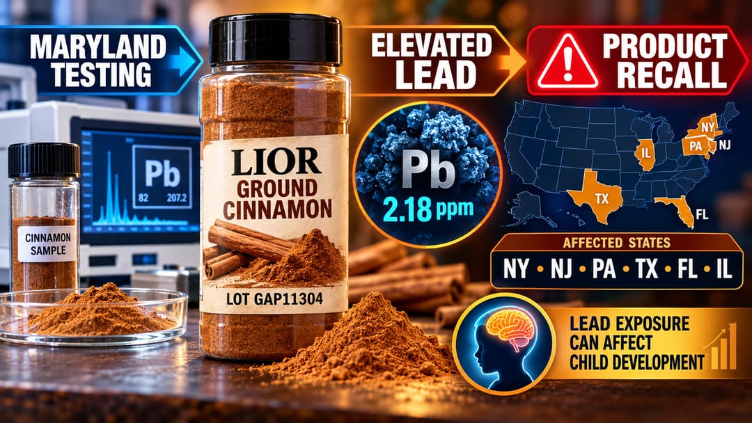 Lior Ground Cinnamon lot GAP11304 shown with Maryland testing, a 2.18 ppm lead finding, six-state distribution, and product-recall warning.