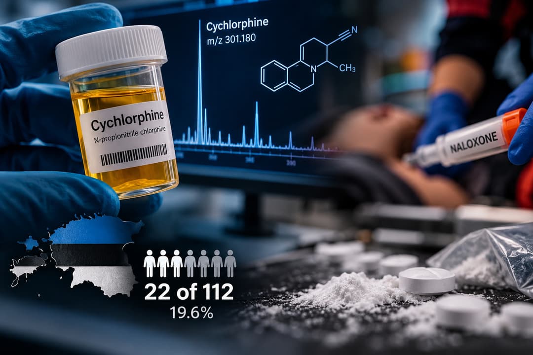 Cychlorphine toxicology image showing advanced drug analysis, Estonia study findings of 22 of 112 samples, and naloxone-responsive opioid toxicity.