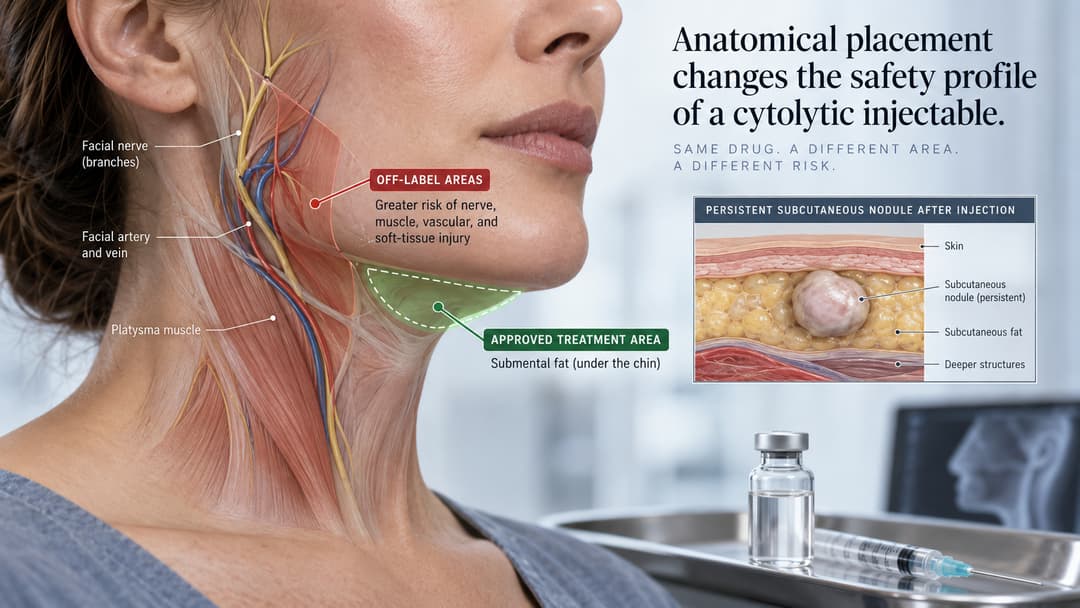 Anatomical illustration of the approved submental Kybella treatment area, off-label injection risks, and a persistent post-injection nodule.
