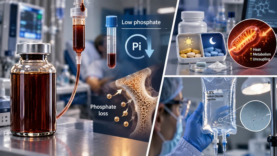 Ferric carboxymaltose infusion with low-phosphate cue, weight-loss tablets and saline particulate inspection, illustrating three FDA safety actions.